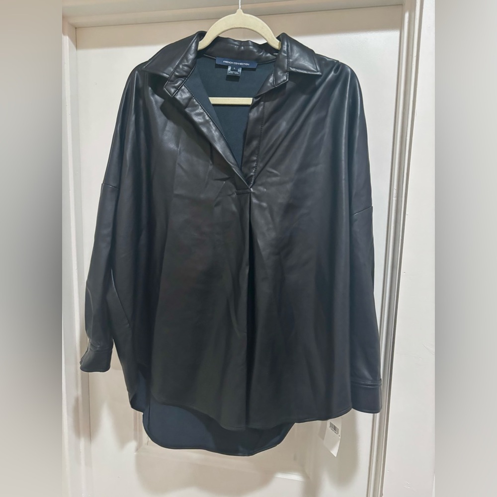 NWT Black Faux Leather collared top